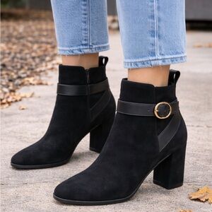 Vionic Black Suede Buckle Ankle Boots Block Heel Size 8.5 Like New